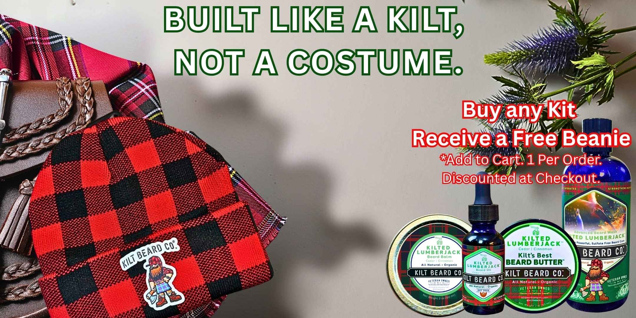 Kilt Beard Co. Buffalo Beanie with kilted lumberjack-beard oil, beard balm, beard butter, and advanced beard wash.