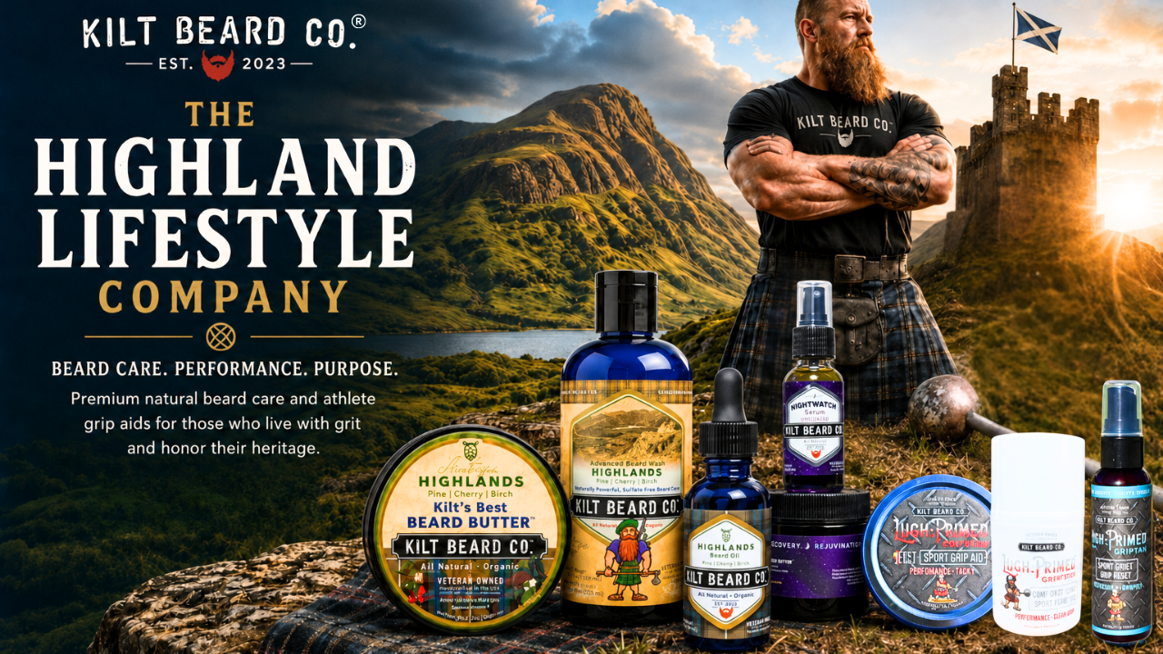 Kilt Beard Company: beard care and athlete grip-aid products. This includes beard balm, beard oil, beard wash, beard night care, tacky, liquid chalk, and hand preparation products.