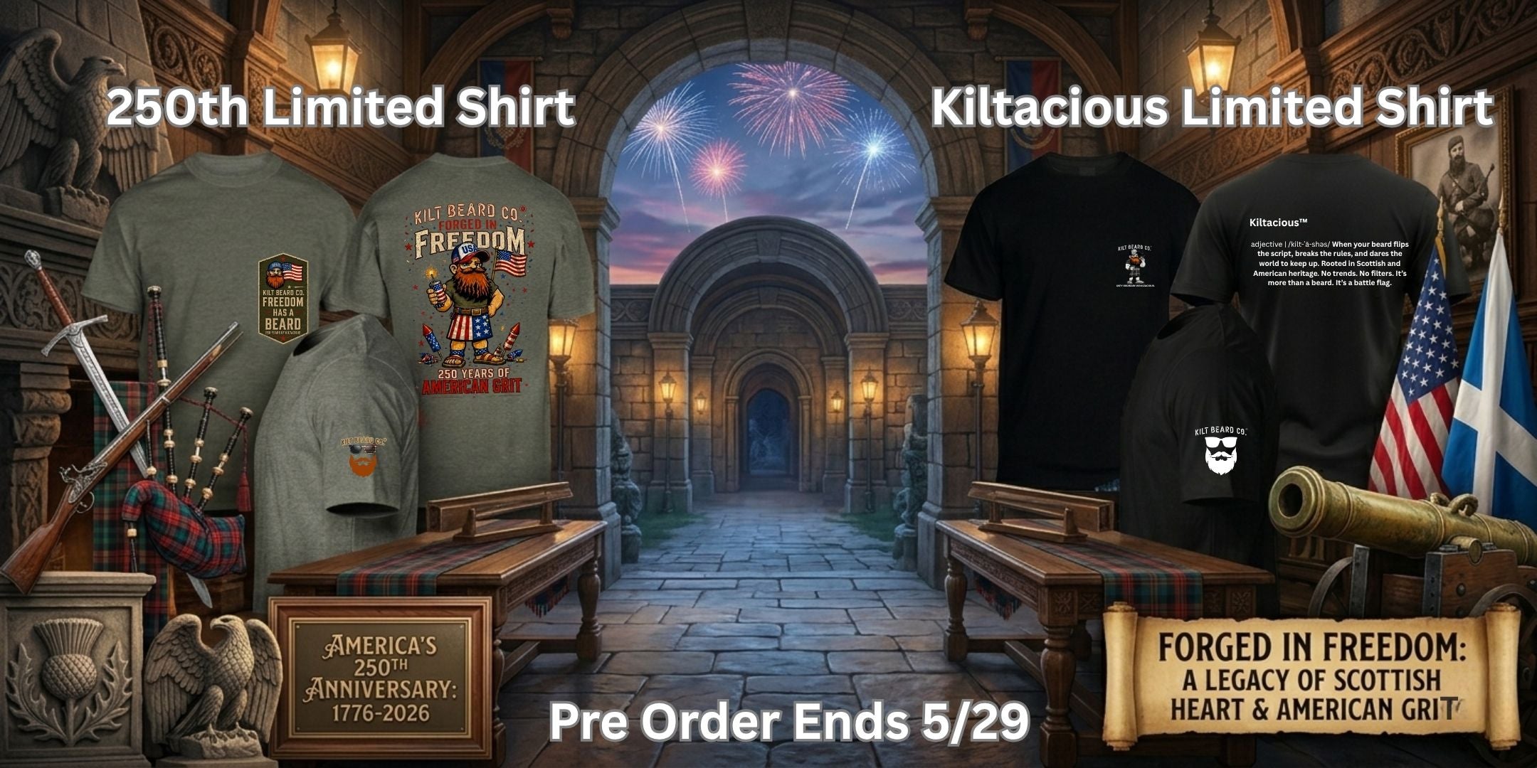 Kilt Beard Co. America 250th Anniversary and Kiltacious branding. Celebrating beards, Scottish culture, and veteran service.
