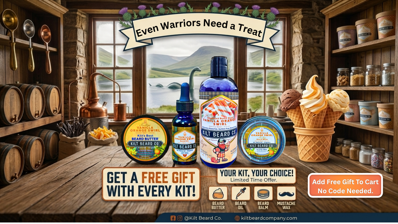 A Scottish summer themed back with Kilt Beard Co. beard products- beard butter, beard oil, beard balm. and beard wash. Plus a summer promotional.