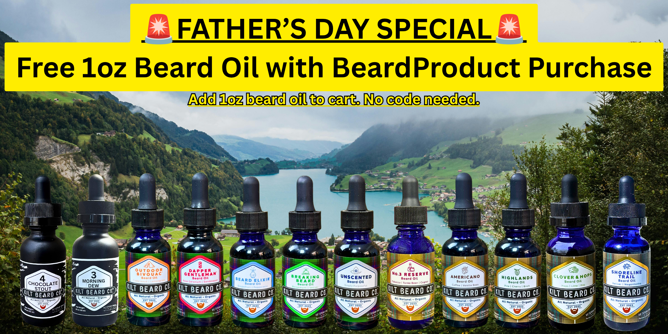 A collection of Kilt Beard Company beard oils with a discount code text and a background of Scottish Highlands in the spring. Father's Day Offer-Deal.