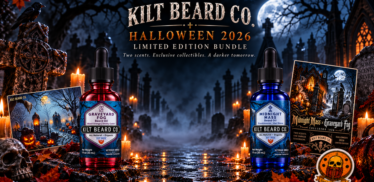 Kilt Beard Co. Halloween beard oils- Midnight Mass and Graveyard Fog in one ounce blue and red bottles. A spooky Halloween background.
