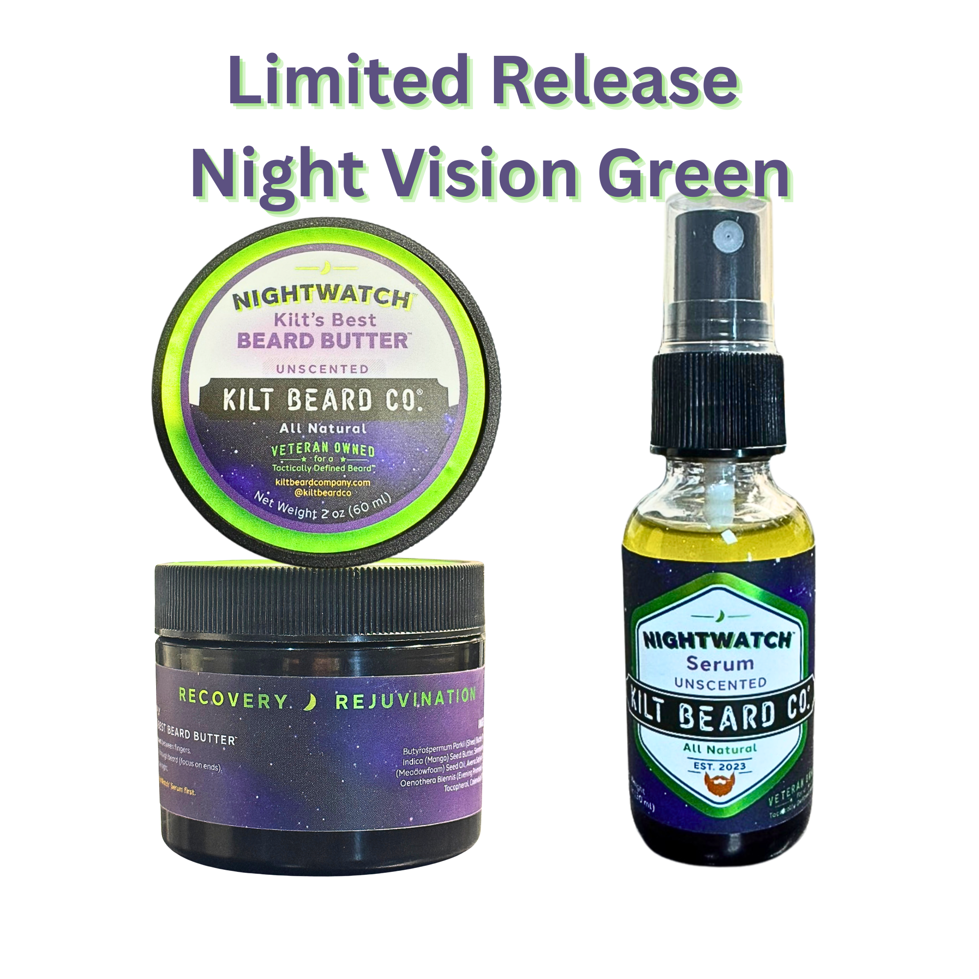 Kilt Beard Co Night Watch Beard Recovery Kit, serum and overnight beard butter system for nighttime beard recovery