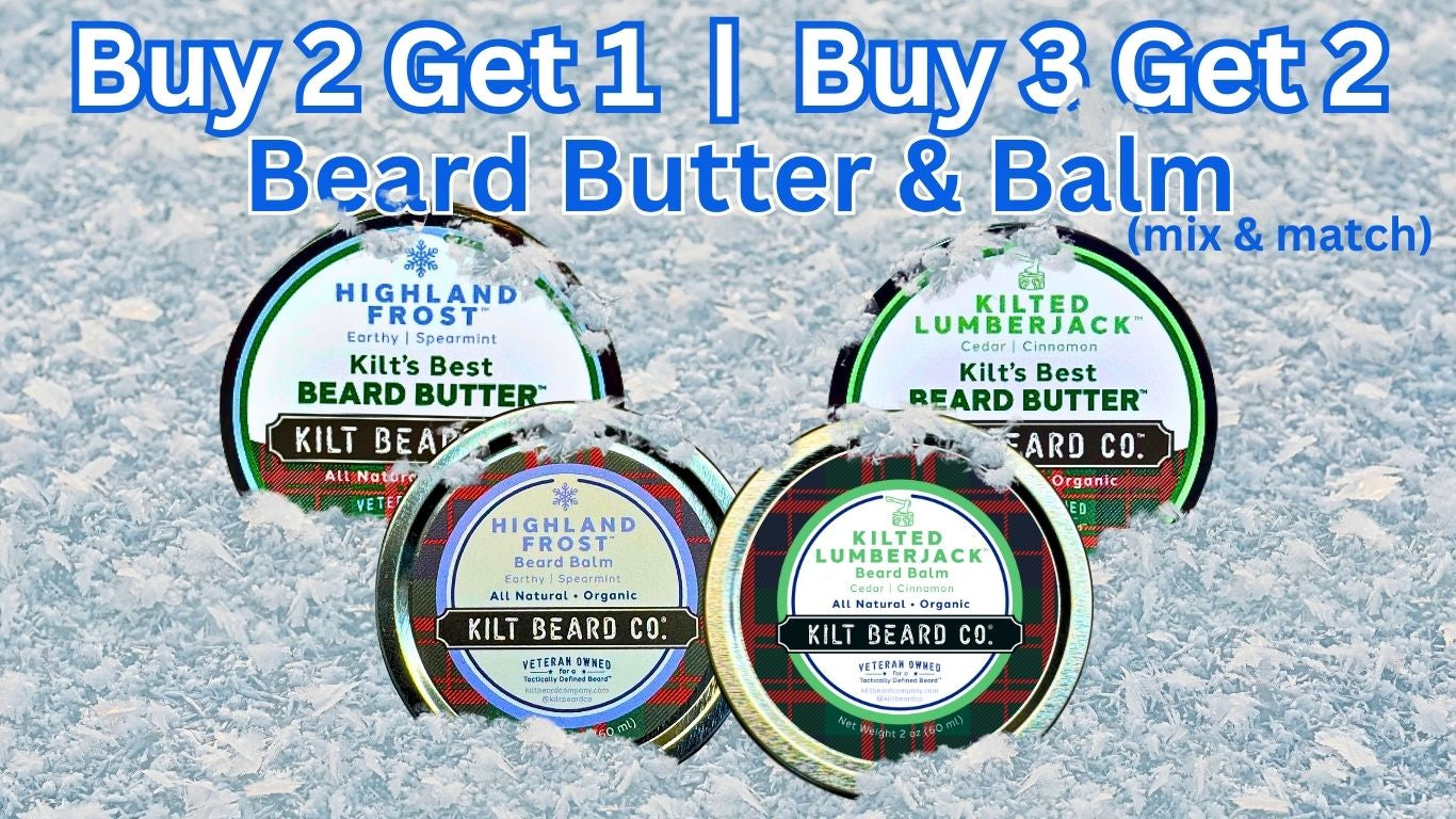 Kilt Beard Co. Beard Butter and Beard Balm sale on a snow background.