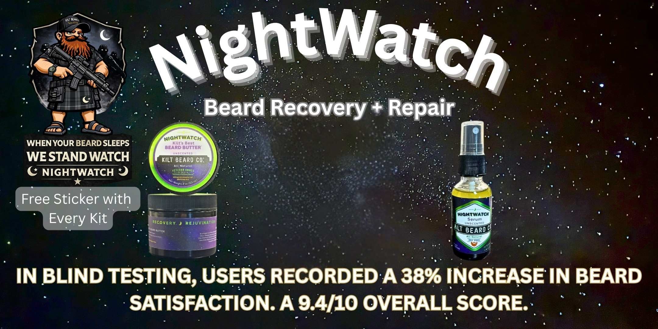 Night Watch beard recovery system bundle product photo showing serum bottle and butter jar.