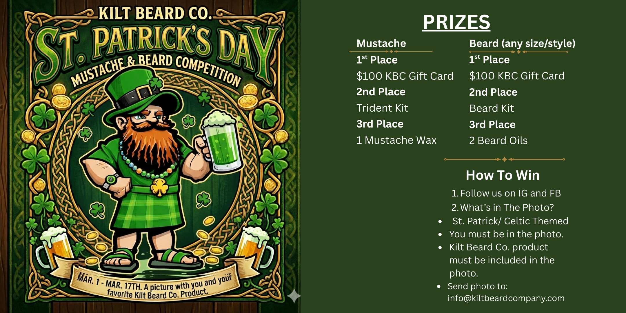 Kilt Beard Co. St. Patrick's Day Mustache and Beard Competition with prizes and information.