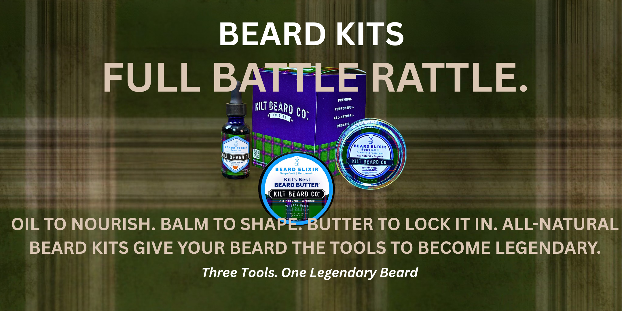 Beard care products with packaging on a plaid background, featuring text about beard kits.