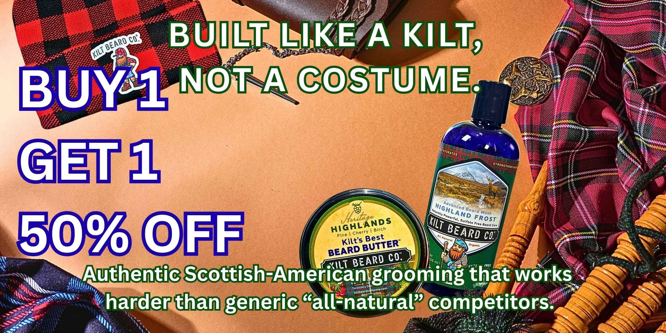 Kilt Beard Co. beard butter and beard wash with Scottish bagpipes, sporran, and kilted lumberjack beanie.