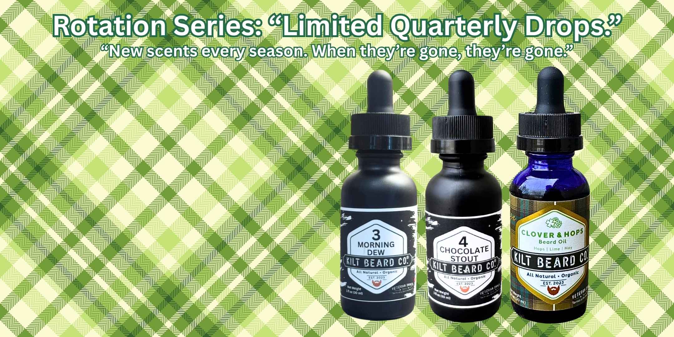 Kilt Beard Co. Spring Scented Beard Oils- Morning Dew, Chocolate Stout, and Clover and Hops with a Green tartan Celtic background.