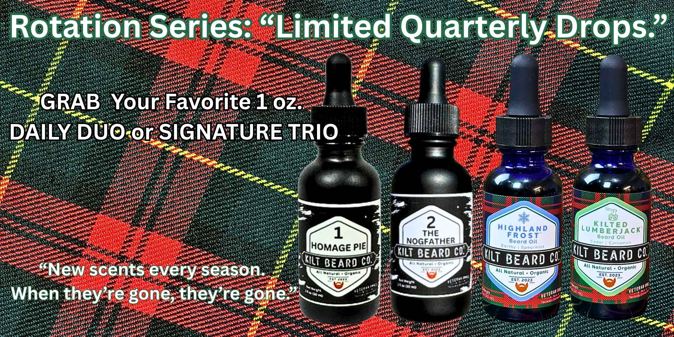 Kilt Beard Co- Premium Beard Oils. Three dropper bottles with a Heritage tartan/kilt background
