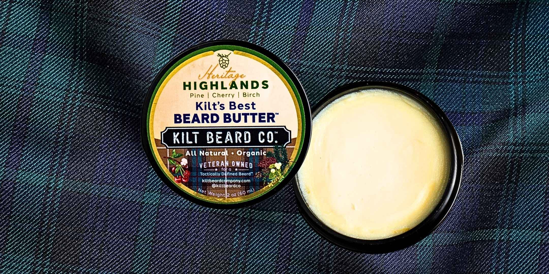 Kilt Beard Co.- Kilt's Best Beard Butter Highlands- Cherry, pine, birch, with heritage tartan.