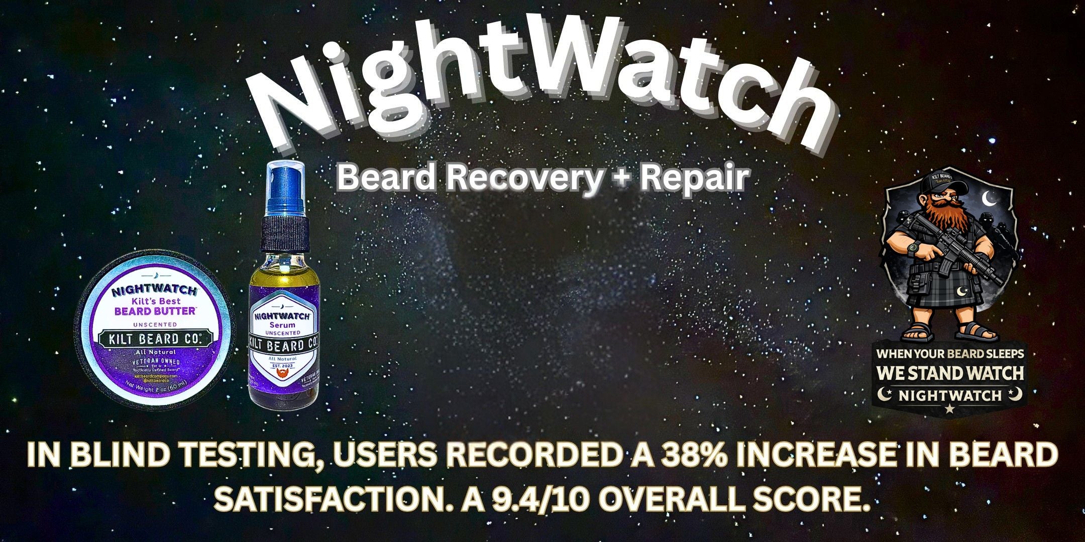 Night Watch beard recovery system bundle product photo showing serum bottle and butter jar.