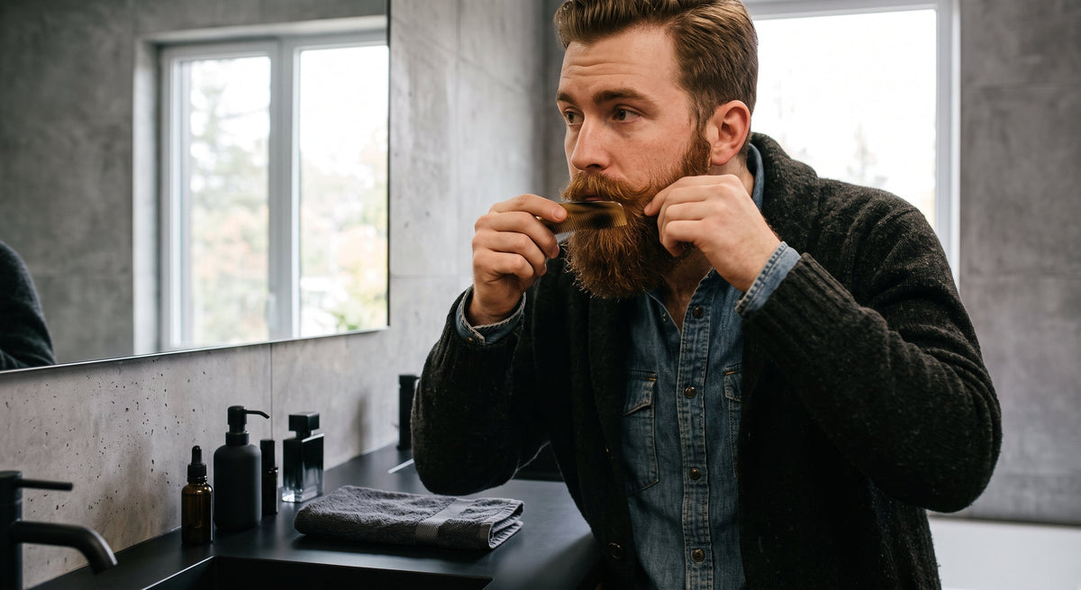Man styling his mustache in the bathroom