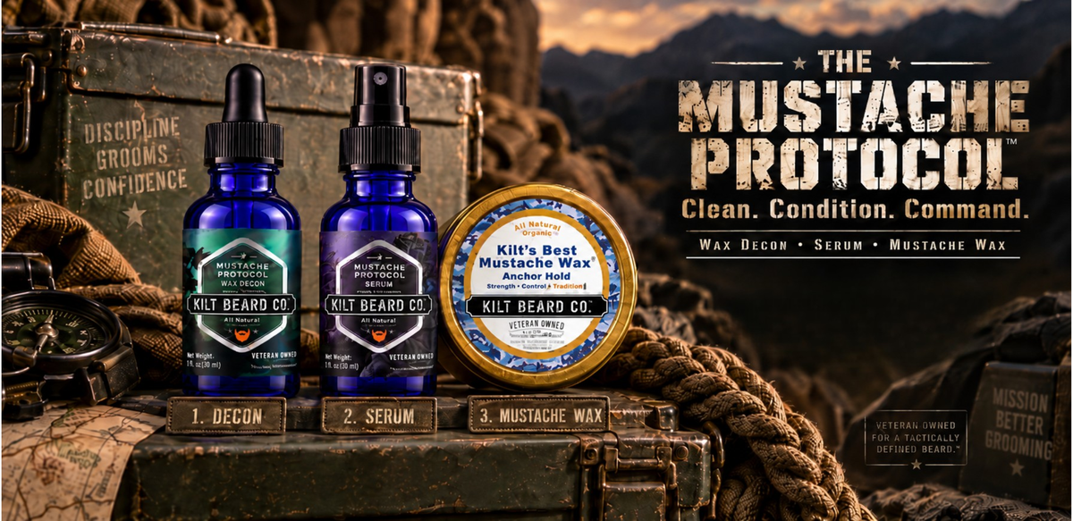 Kilt Beard Co. Mustache Protocol. Mustache Serum, Wax Decon, and various holds of Mustache Wax. A veteran military themed background and packaging. Veteran owned company.