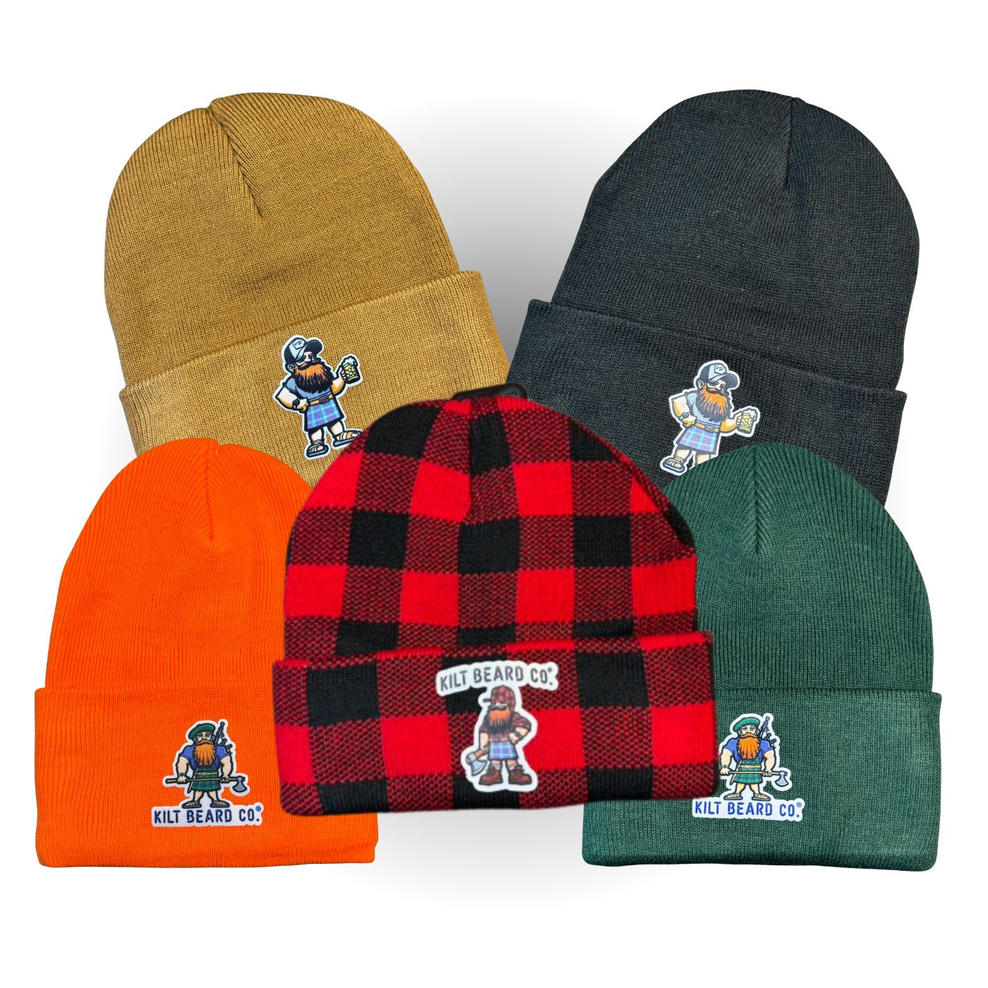 Kilt Beard Company Beanies in various colors.