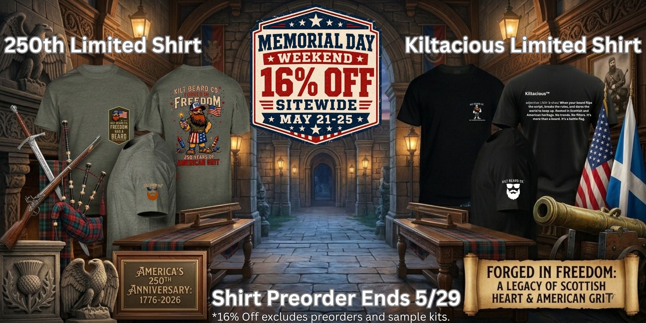 Kilt Beard Co. Memorial Day Weekend Sale. Beard Balms, butters, oils, wash mustache wax, and America 250th Shirt.