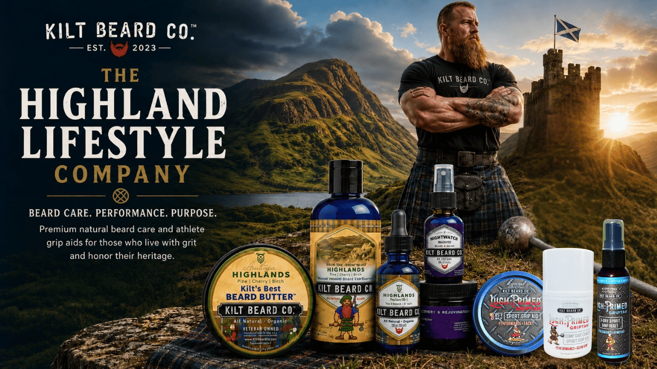 Kilt Beard Company, beard care and athlete grip aid products. This includes beard balm, beard oil, beard wash, beard night care, tacky, liquid chalk, and hand preparation products. 