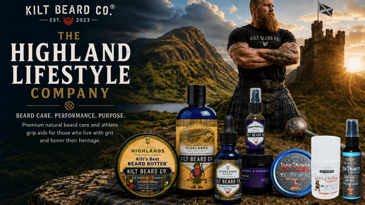 Kilt Beard Company, beard care and athlete grip aid products. This includes beard balm, beard oil, beard wash, beard night care, tacky, liquid chalk, and hand preparation products. 