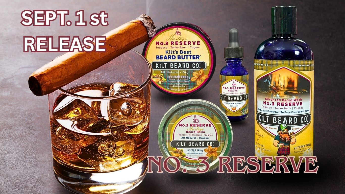 Kilt Beard Co. No. 3 Reserve beard oil, balm, butter, and advanced beard wash.