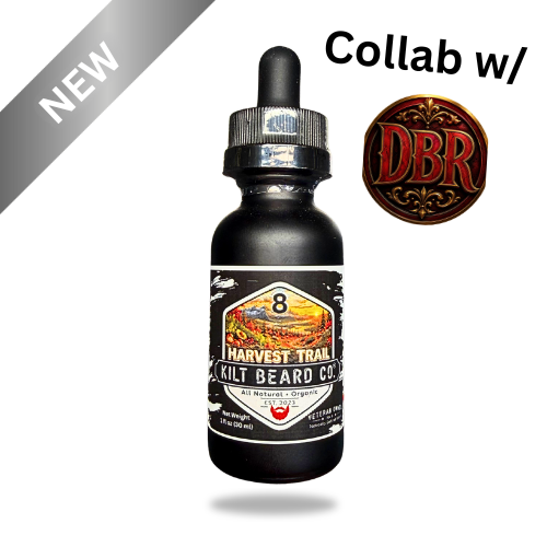 A black dropper bottle labeled '8 Harvest Trail- Beard Oil by Kilt Beard Co. on a white background, with a gray diagonal 'NEW' banner and the text 'Collab w/ DBR' in the corners.