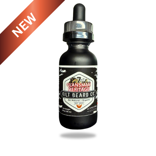 A black dropper bottle of Kilt Beard Co. All Natural + Organic Beard Oil.  Clansman Heritage, shown on a white background with a red diagonal 'NEW' banner in the top-left corner.