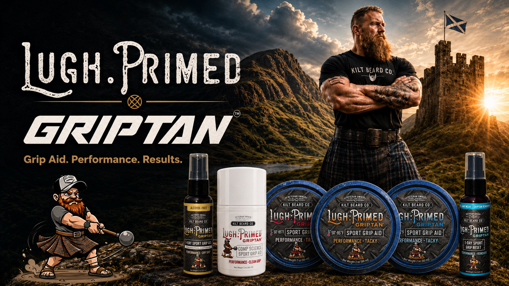 Kilt Beard Co.- Lugh: Primed- Griptan Grip-Aid products. Products for Highland Games, Heavy Athletics, Strongman, and CrossFit.