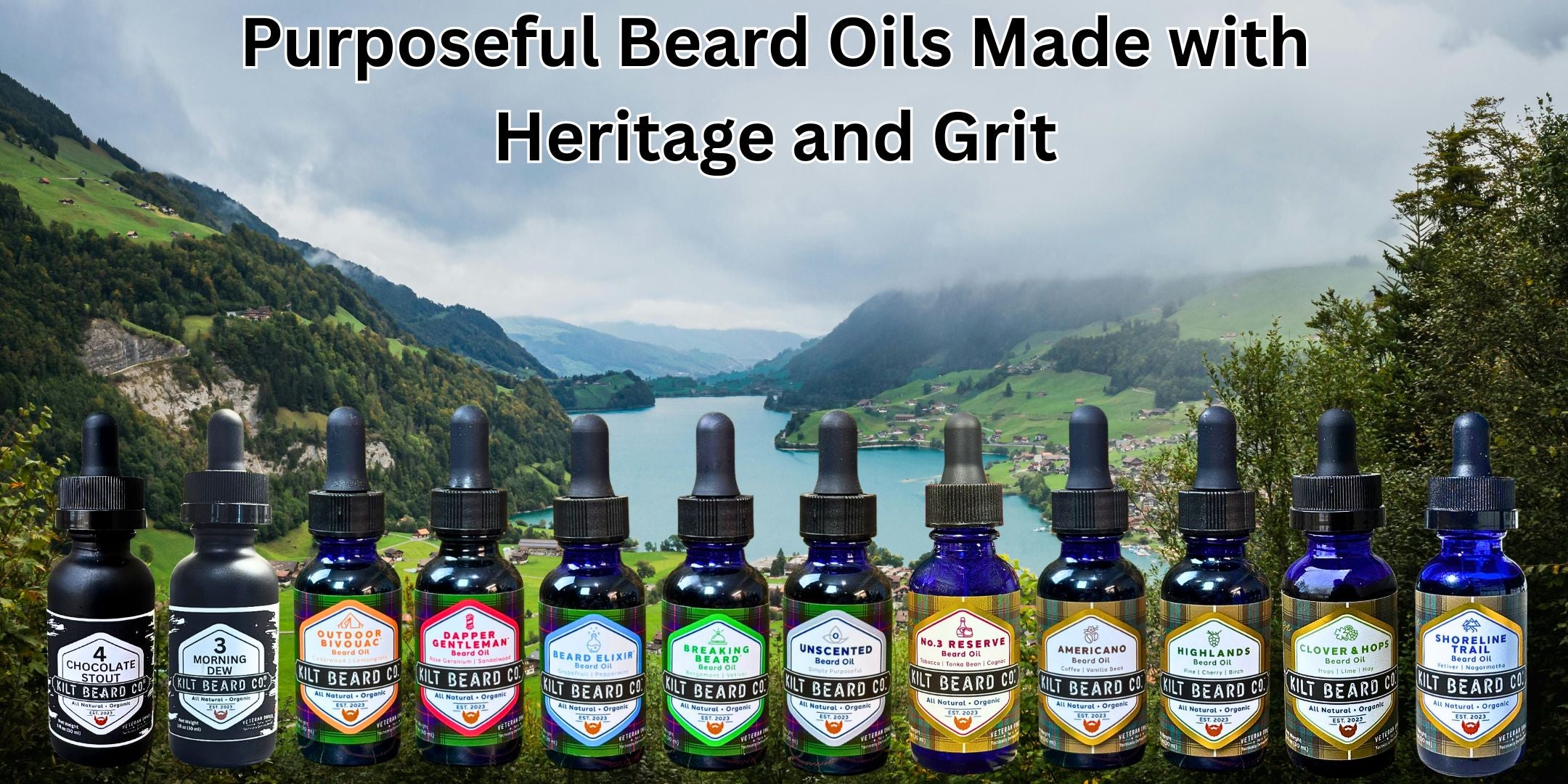 A collection of Kilt Beard Company beard oils with a discount code text and a background of Scottish Highlands in the spring.