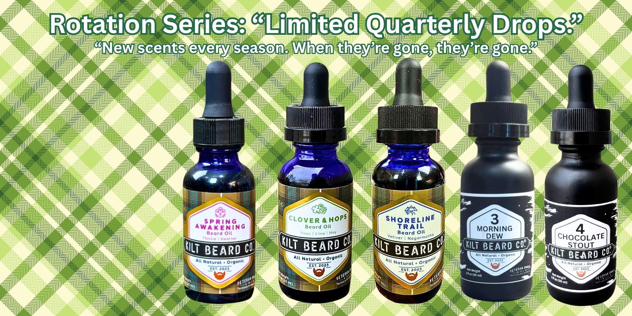 Kilt Beard Co. Spring Scented Beard Oils- Morning Dew, Chocolate Stout, and Clover and Hops with a Green tartan Celtic background.