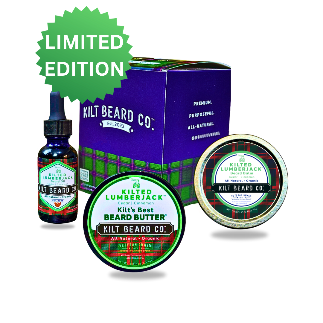 Kilted Lumberjack Beard Kit — oil, balm, butter in warm cedar-cinnamon scent