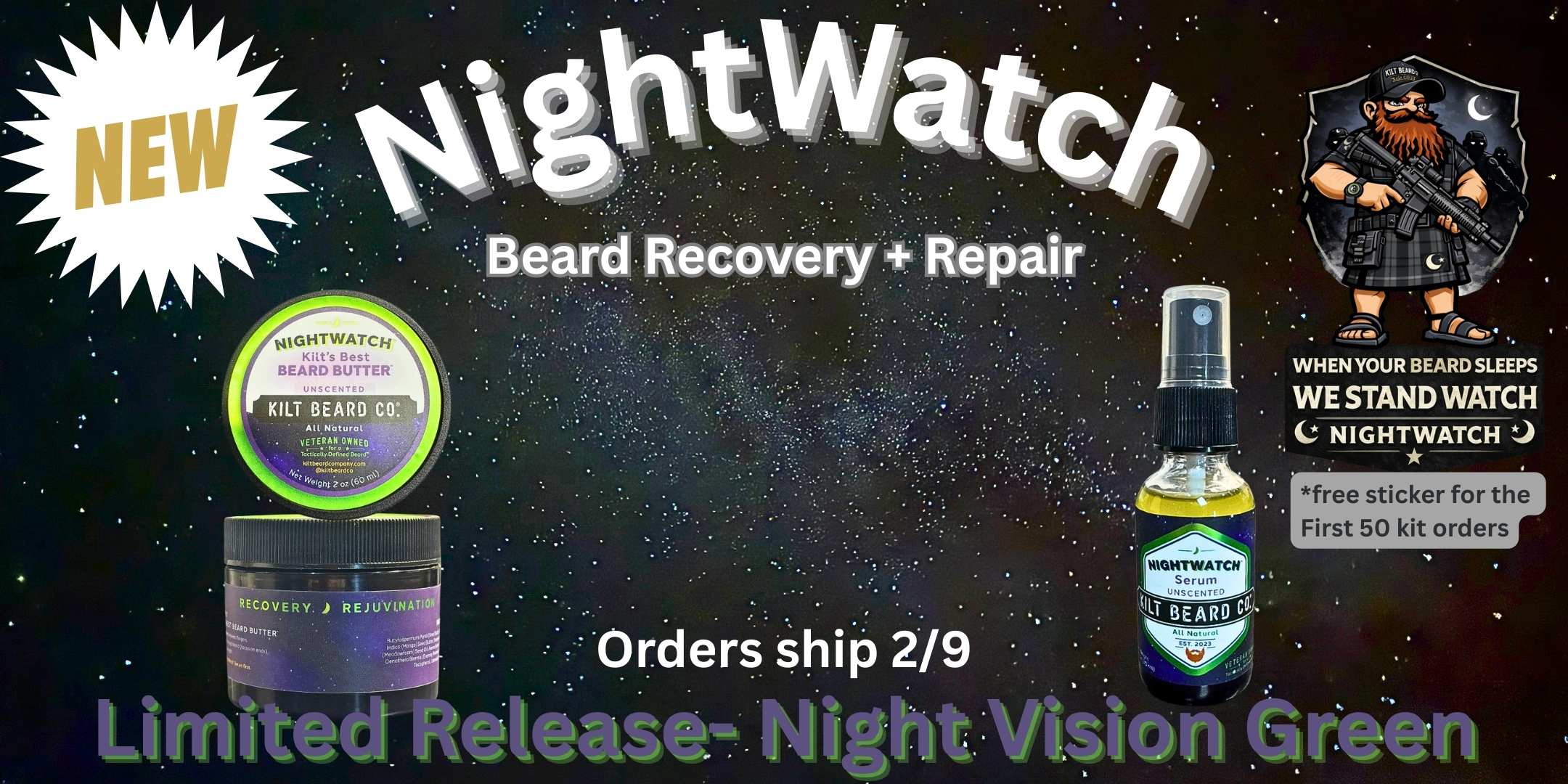 Night Watch beard recovery system bundle product photo showing serum bottle and butter jar.