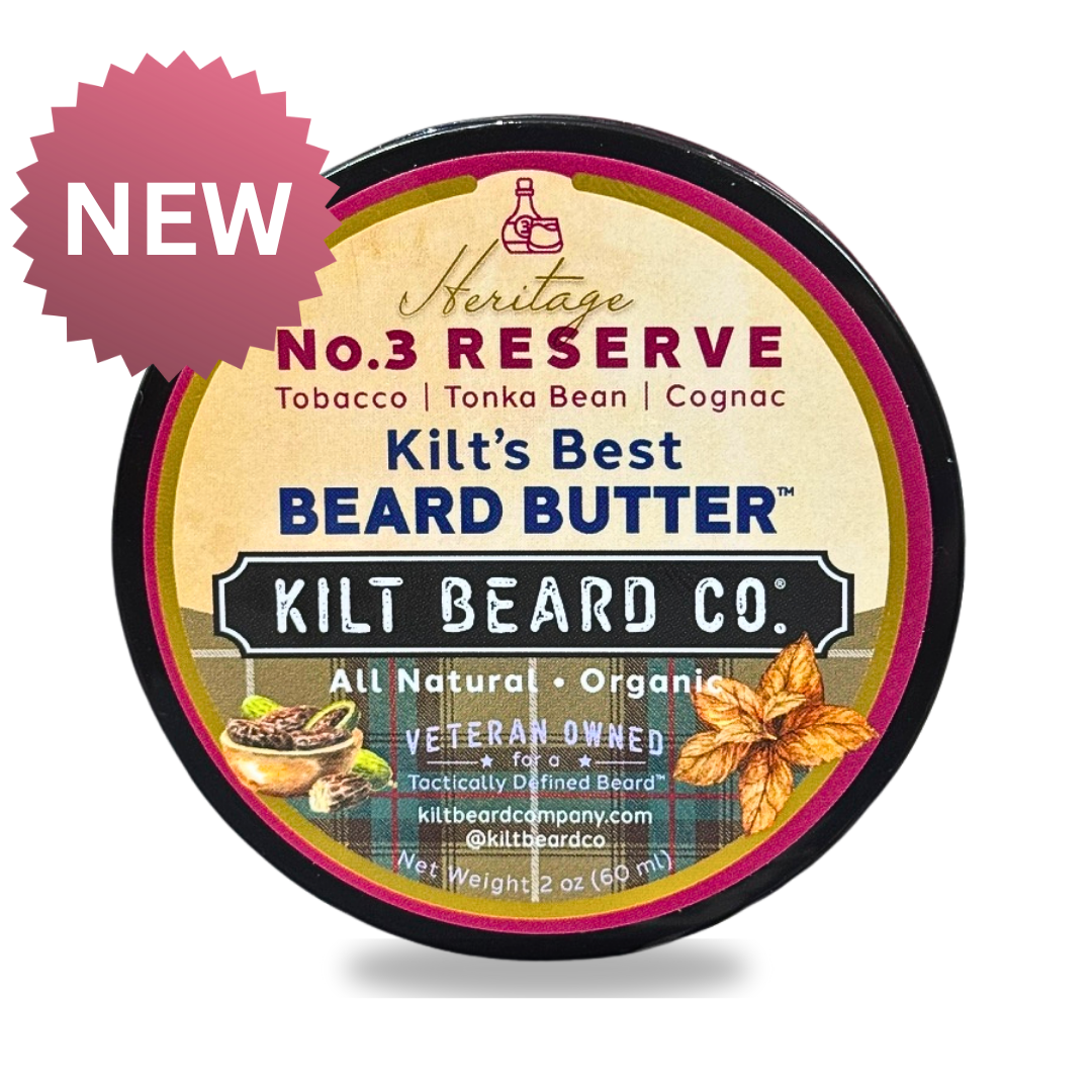 No. 3 Reserve Beard Butter by Kilt Beard Co., hero shot with soft studio lighting.