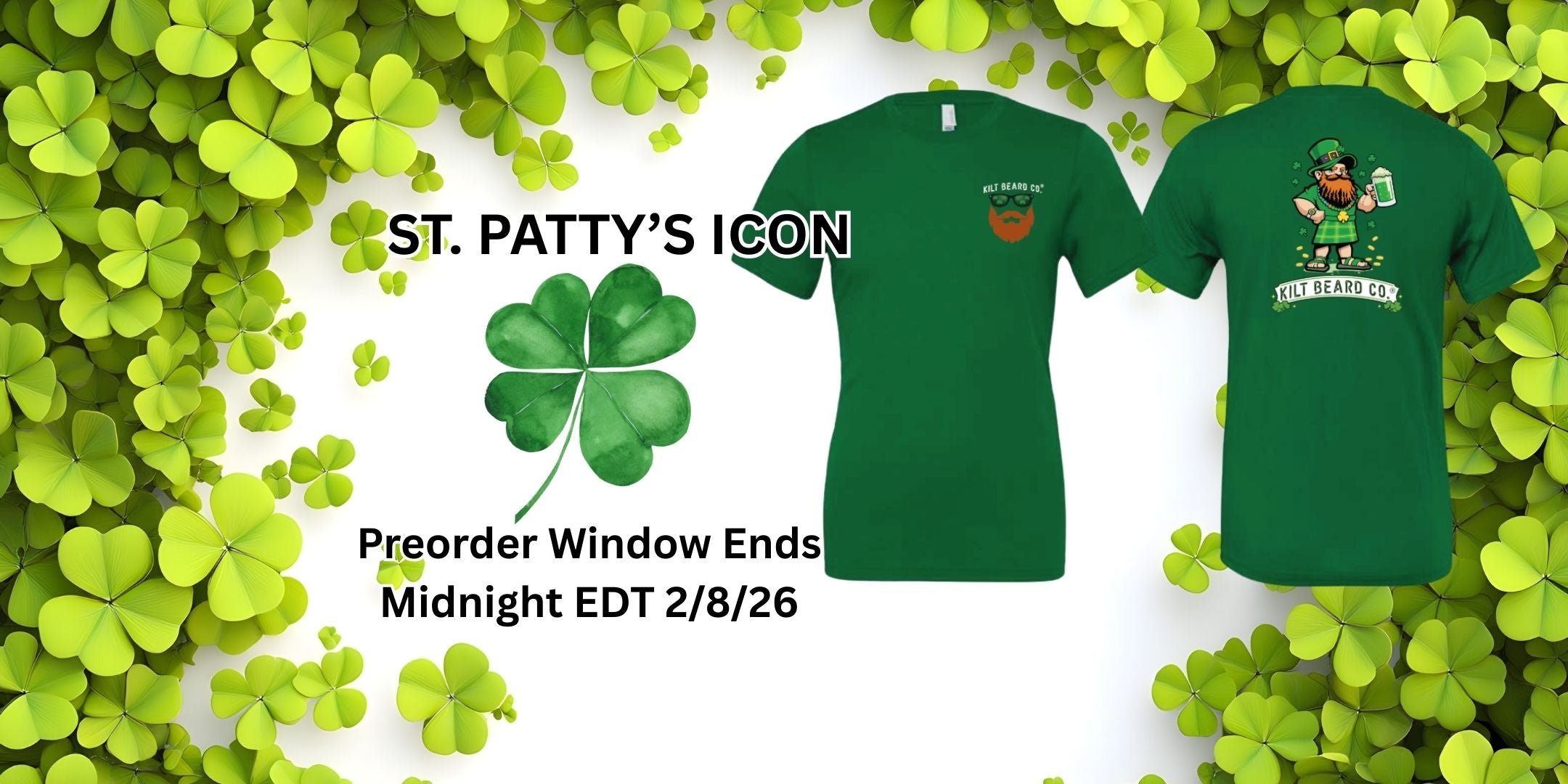ST. Patrick's Day Shirt with a ginger-bearded man. Along with clovers in the background.