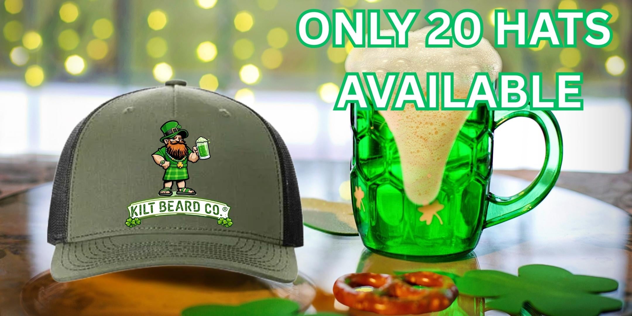 Kilt Beard Co St. Patricks Icon green hat next to a green stein of beer.