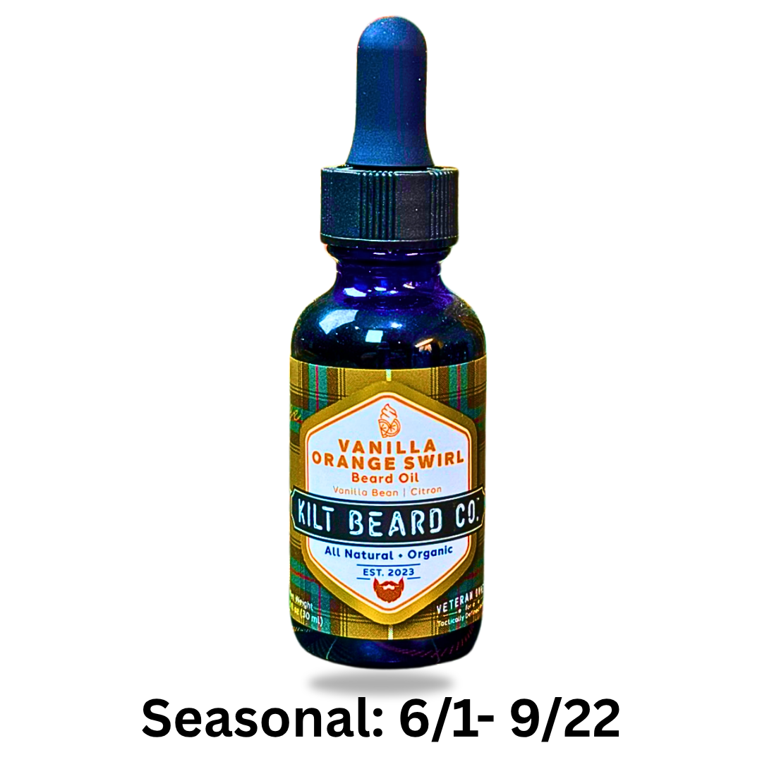 Bottle of Vanilla Orange Swirl Beard Oil by Kilt Beard Co. on a white background with a seasonal date overlay.