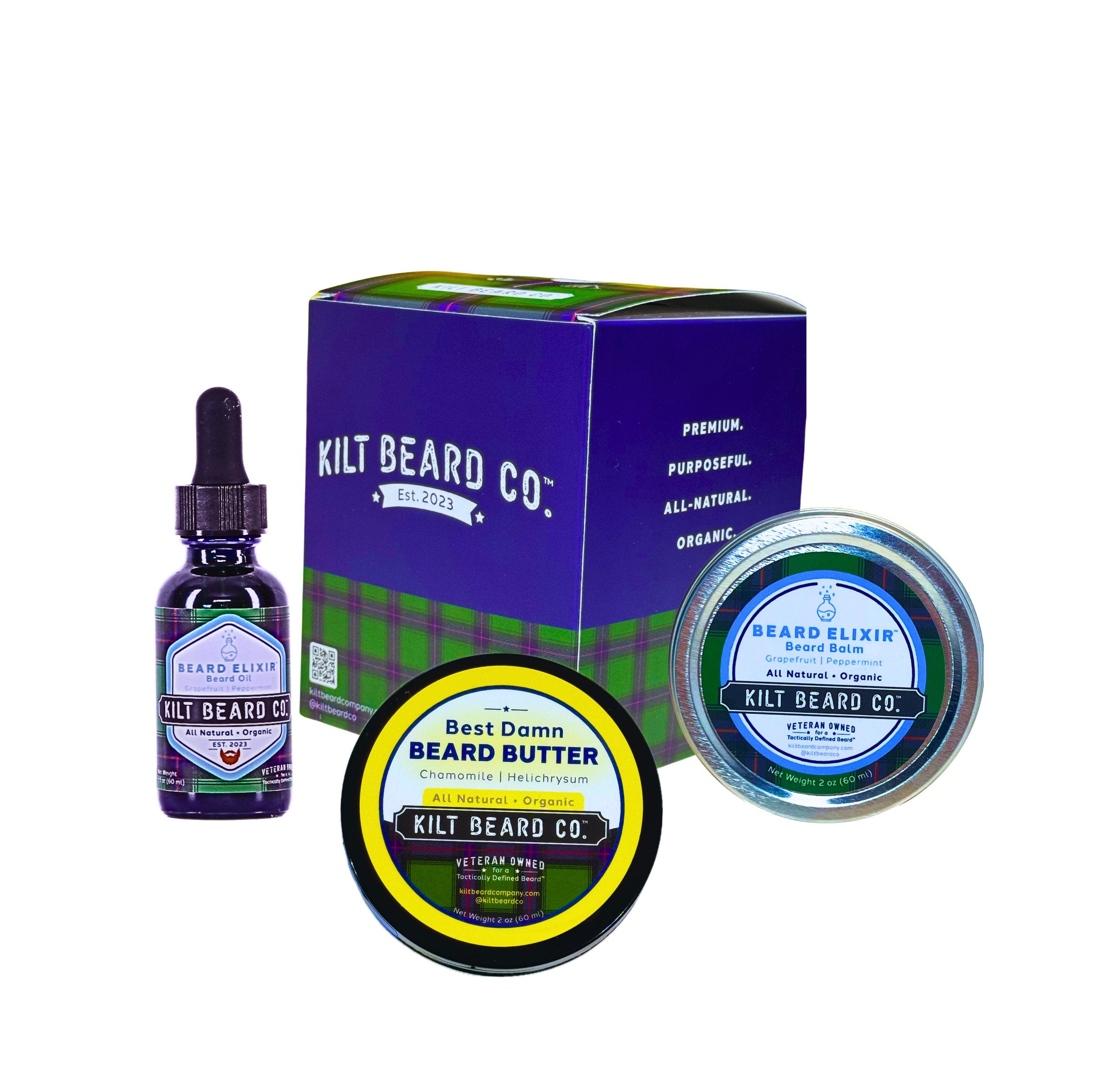 Daily Moisturizer Beard Kit - Balm, Oil, Butter (Beeswax, Peppermint, Shea) - KiltBeardCo