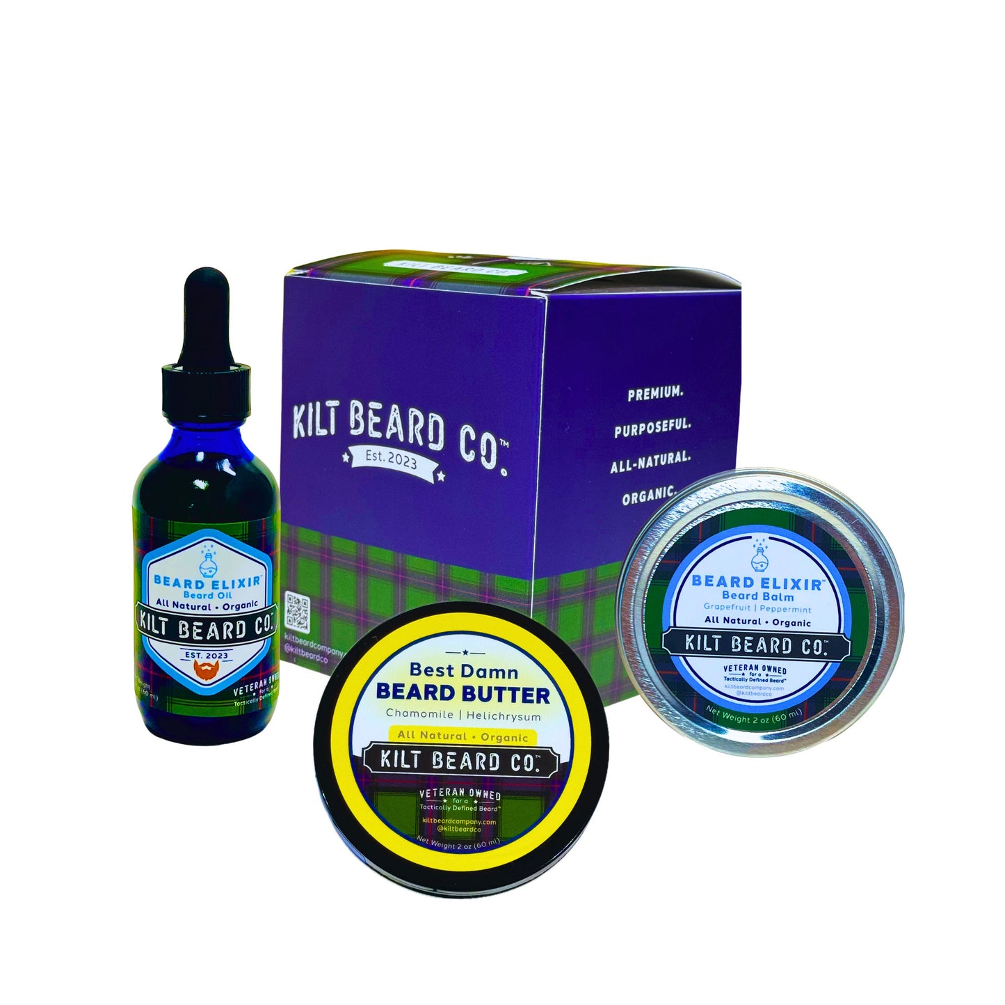 Daily Moisturizer Beard Kit - Balm, Oil, Butter (Beeswax, Peppermint, Shea) - KiltBeardCo