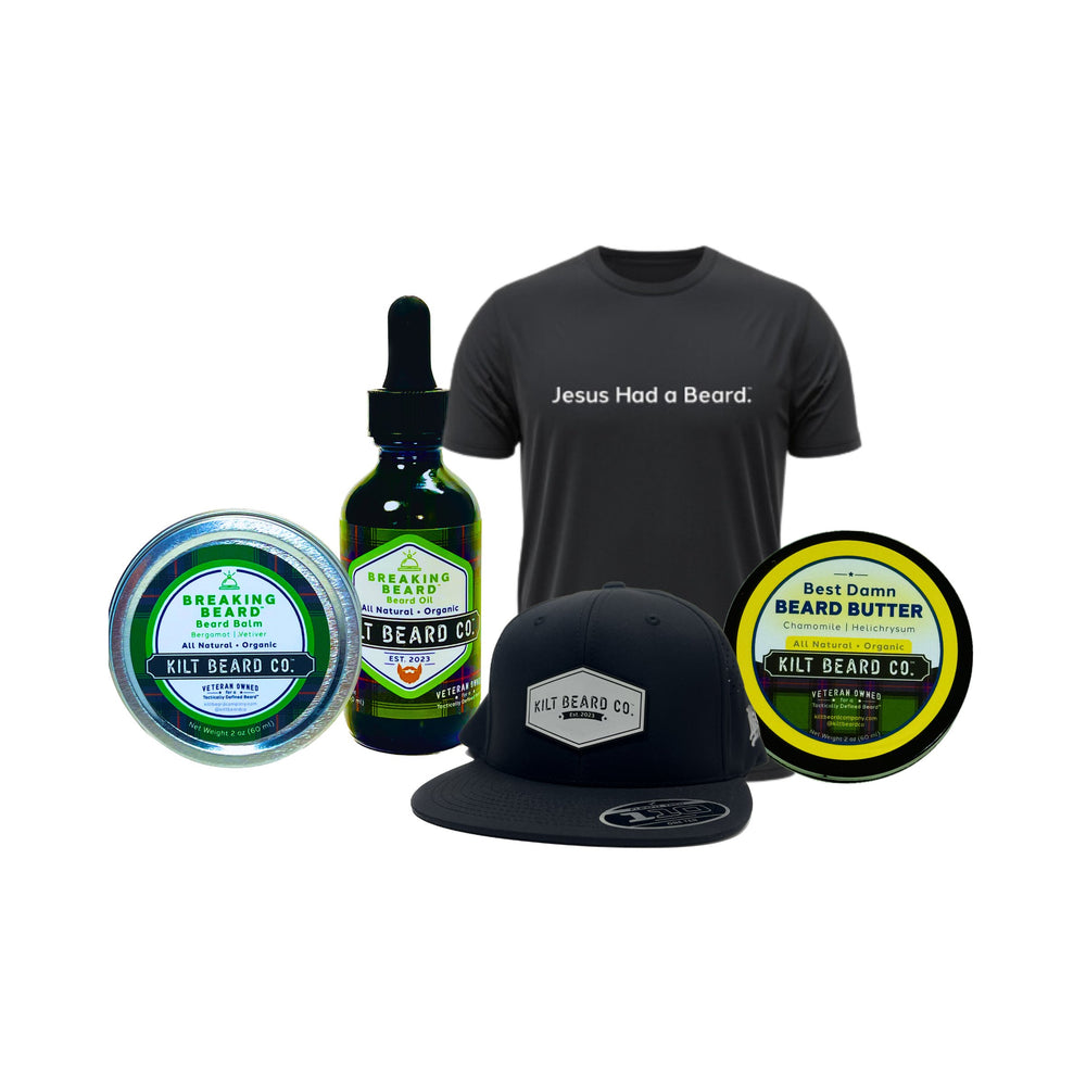 Everyday Bearded Lifestyle Kit - Beeswax, Woodsy, Mango (Balm, Oil, Butter, Hat, T-shirt) - KiltBeardCo