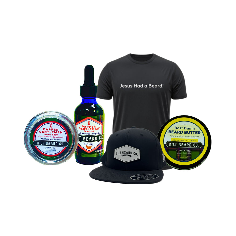 Guy's Night Out Beard Kit - Aphrodisiac, Beeswax, Sandalwood (Balm, Oil, Butter, Hat, T-shirt) - KiltBeardCo